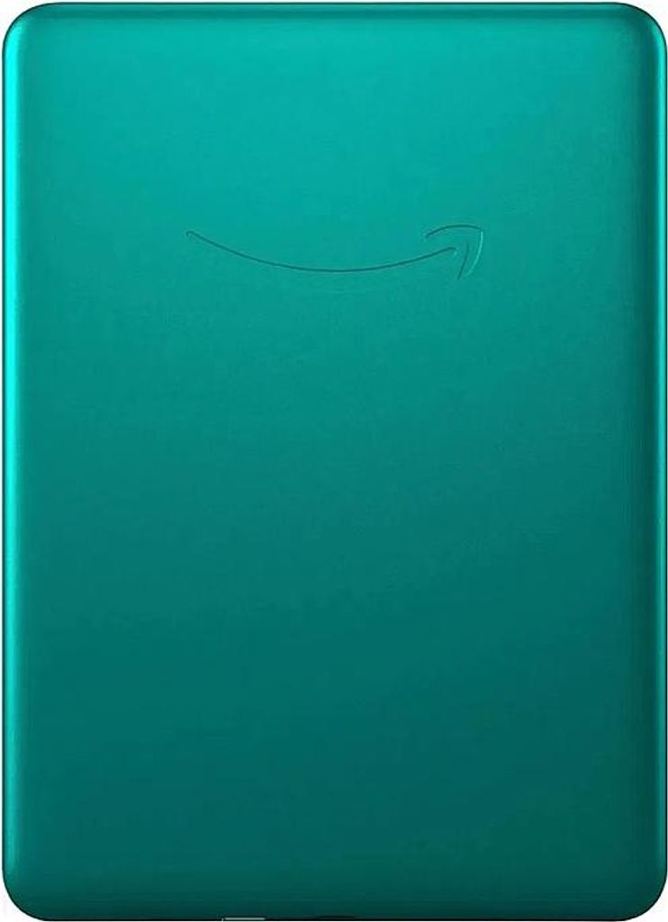 The back of a teal Kindle Paperwhite.