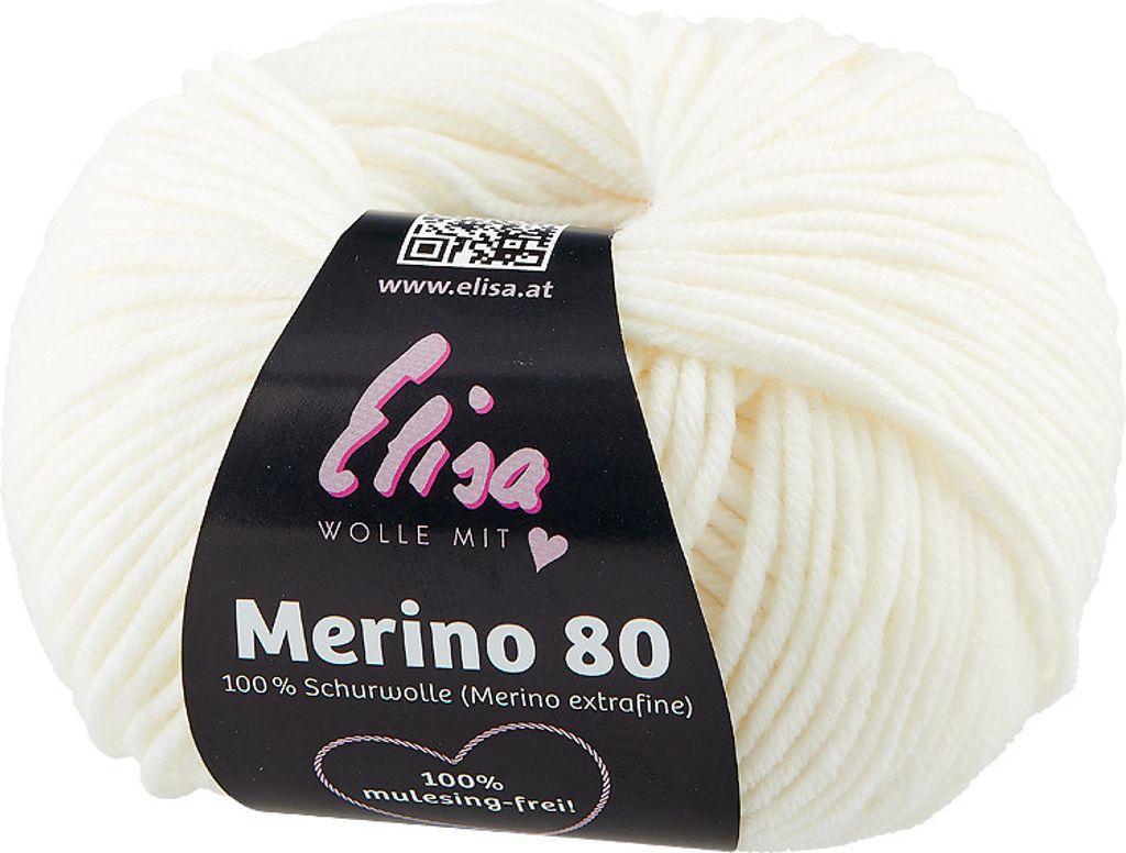 Elisa Wolle Merino 80,extrafeine superweiche 100% Wolle, 50g/80 m, 7193 Weiß