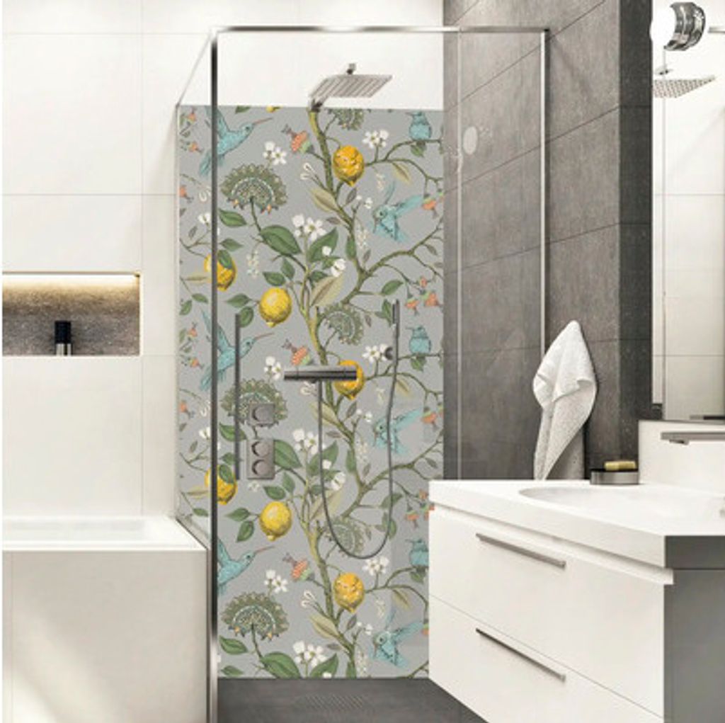 Duschrückwand mySpotti Shower Gloria Zitrone Vogel Pflanzen 255 x 150 cm SH-255150-1853-HB