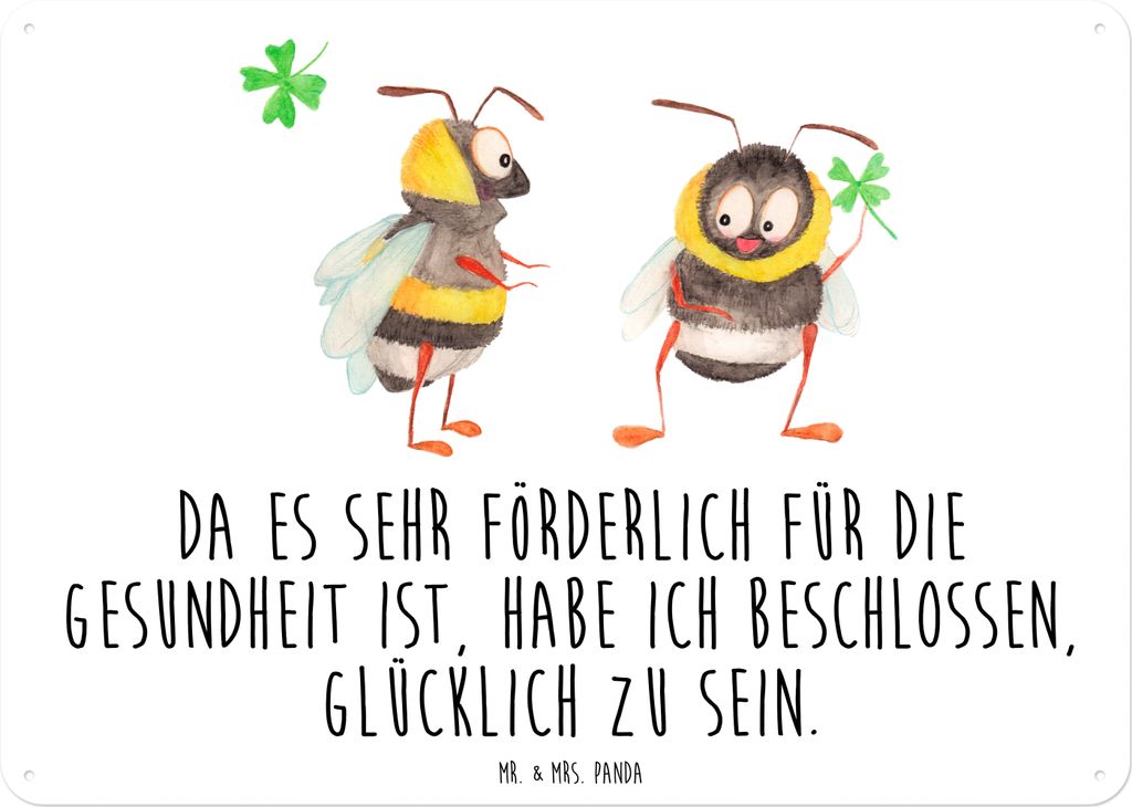 Mr. & Mrs. Panda Retro Blechschild Hummeln Kleeblatt DIN A6 - Weiß - Geschenk, Hummel, glücklich sein, Schild, Wandbild, Spruch Positiv, Fröhlic...