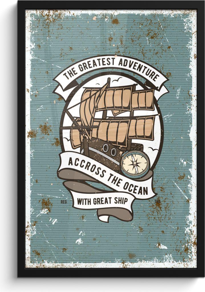 MuchoWow MuchoWow Gerahmtes Poster Boot - Kompass - Retro - Illustration 40x60 cm - Poster mit zchwarzem Bilderrahmen - Papierdruck - Wandbilder