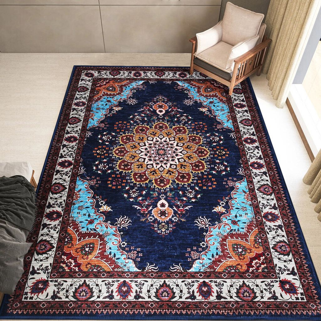 (Blau,183*274cm)Teppich Vintage Design Kurzflor Carpet Kaschmirimitat Kurzflorteppiche Antifouling Rutschfest Waschbar Weich für Wohnzimmer ...