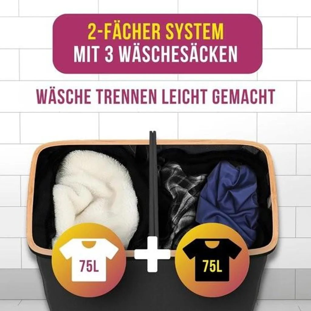 Panier à linge XXL 150L en bambou gris anthracite avec 2 compartiments