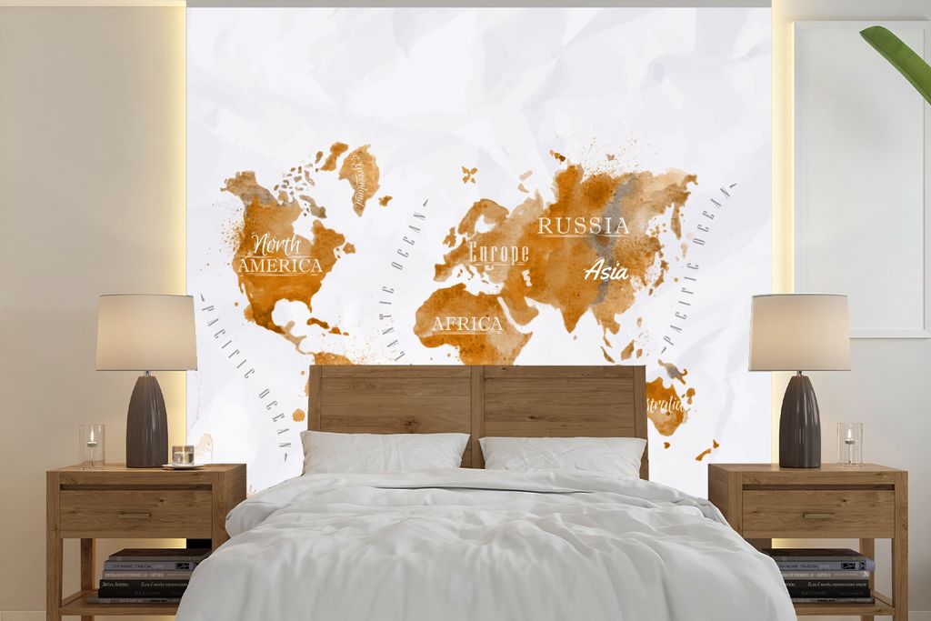 MuchoWow Fototapete für Wohnzimmer oder Schlafzimmer Wandtapete Vinyl Motivtapete Karte - Gold - Welt - 240x240 cm - Schlafzimmer-Tapete