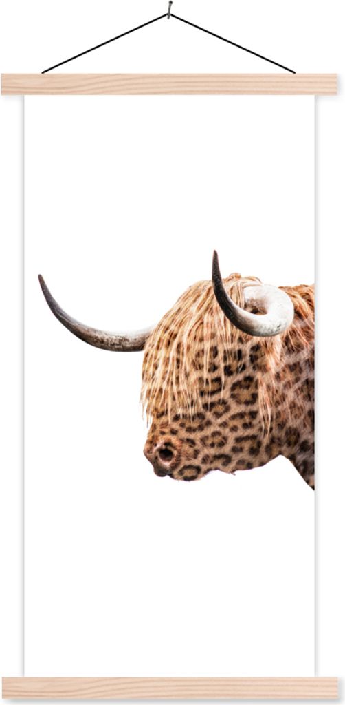 MuchoWow Textilposter Schottisches Hochlandrind - Panther - Weiß 60x120 cm mit holzfarbenen Rahmen - Holz