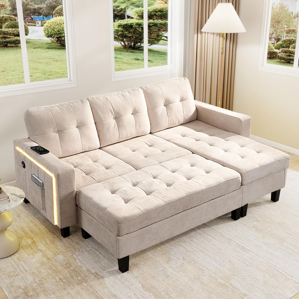 MODFU Multifunktionales Schlafsofa 3-Sitzer, klappbares Sofa mit beweglichem Hocker,Chaiselongen mit LED-Licht,L-Form Dreisitzer mit USB,Massivholz...