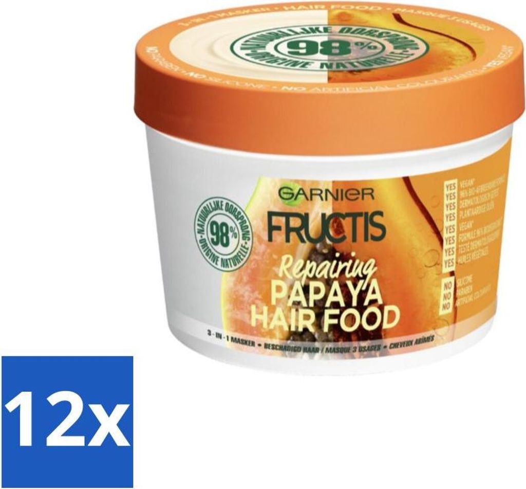 Garnier - Fructis Hair Food Papaya - 3-in-1 Haarmaske - Strapaziertes Haar - 400 ml - Vorteilspack - 12 Stücke