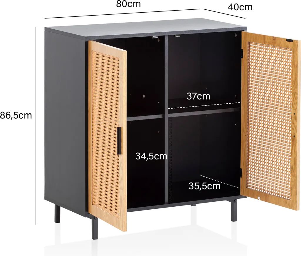 Buffet Wohnling 80x86,5x40 cm Commode Noire en Osier Viennois WL6.645
