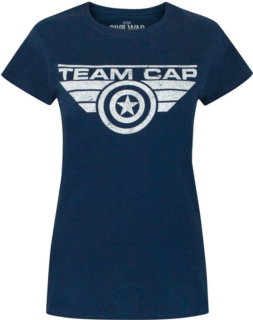 Captain America Damen Civil War Team Cap Distress T-Shirt NS4540 (2XL) (Blau)