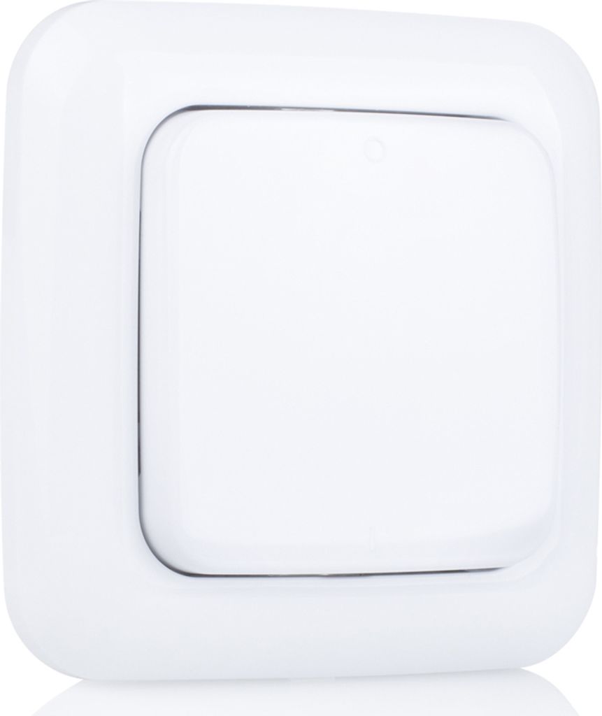 A white smart home wall switch is shown against a white background.