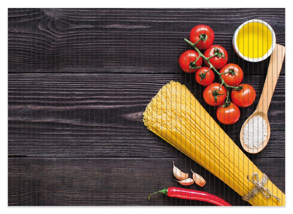 Wallario Duschmatte Antirutschmatte Badmatte Fußmatte Italienisches Menü mit Spaghetti, Tomaten, Salz und Chilischoten, Größe ca. 70 x 50 cm