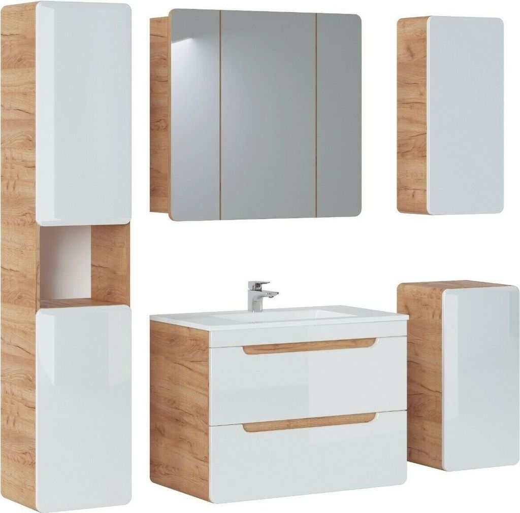 Badmöbel Set ARUBA-WEISS/EICHE-S 80 Badmöbel Set mit Waschbecken Badmöbelset komplettes Badmöbel Set