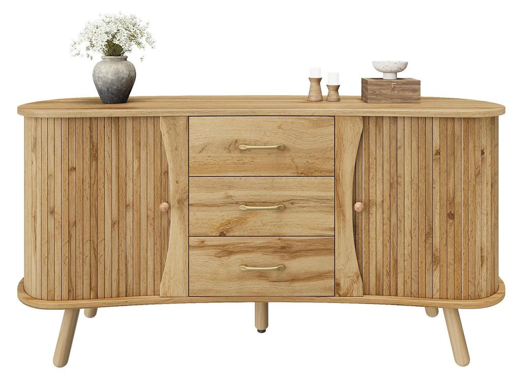 Gebogenes Sideboard - Wohnzimmer Aufbewahrungsschrank - Modernes Buffet - Mit Schubladen und verstellbaren Regalen - Holzoptik