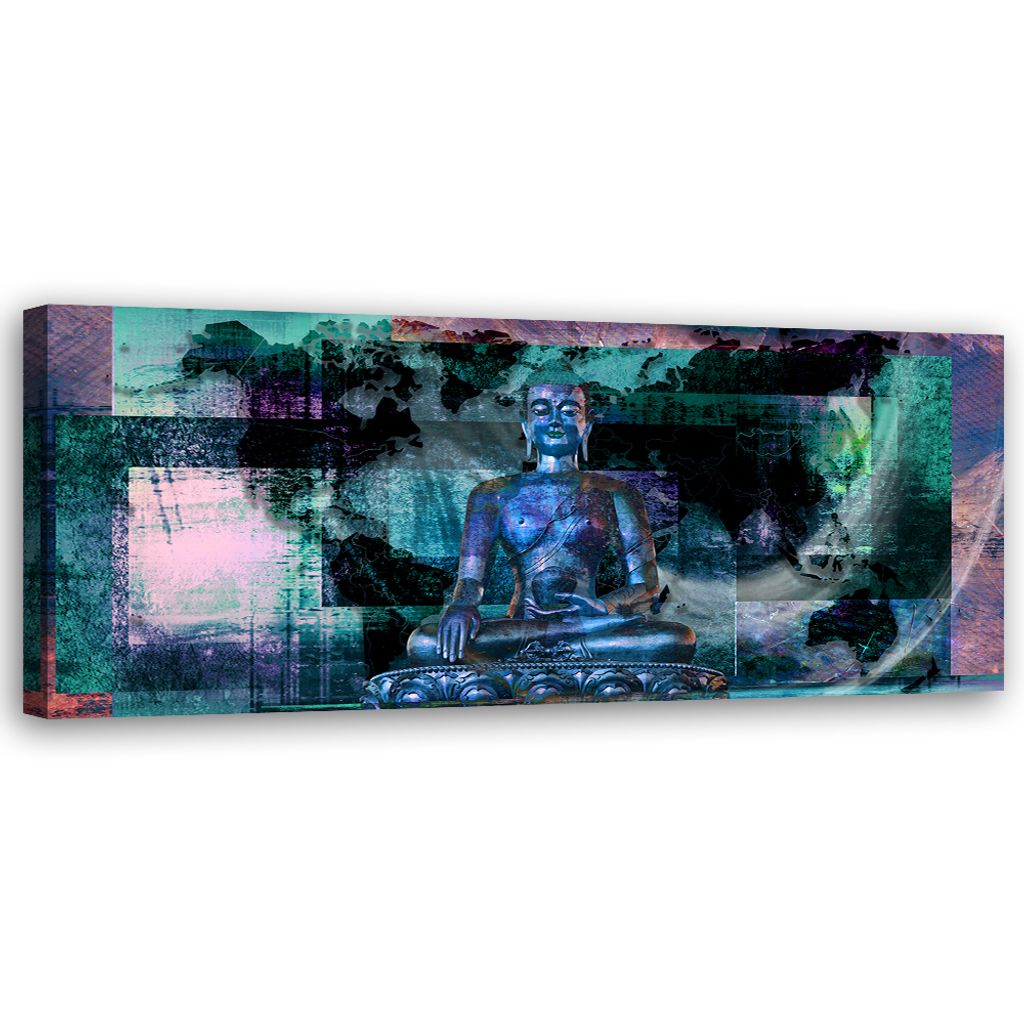 Leinwandbild Blaue Buddha-Statue 90x30 Feeby Blau bild für die wand bereit zum aufhängen