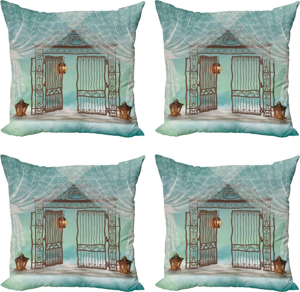 ABAKUHAUS Retro Kissenbezug Set (4 Stück), Old Gate und Vorhang, Moderner Doppelseitiger Digitaldruck, 50 cm x 50 cm, Teal Brown White