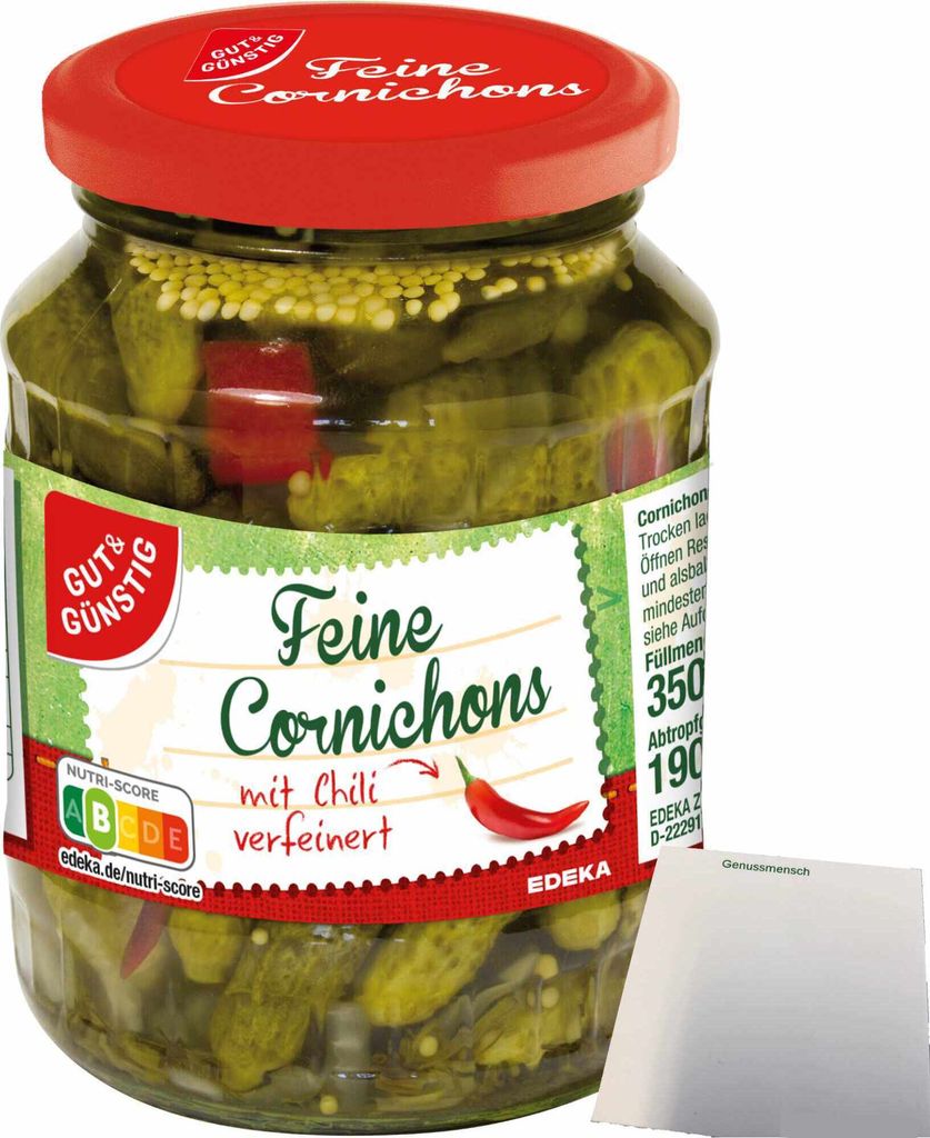 Gut & Günstig Cornichons mit Chili verfeinert kleine feine Gurkensortierung (190g ATG) + usy Block