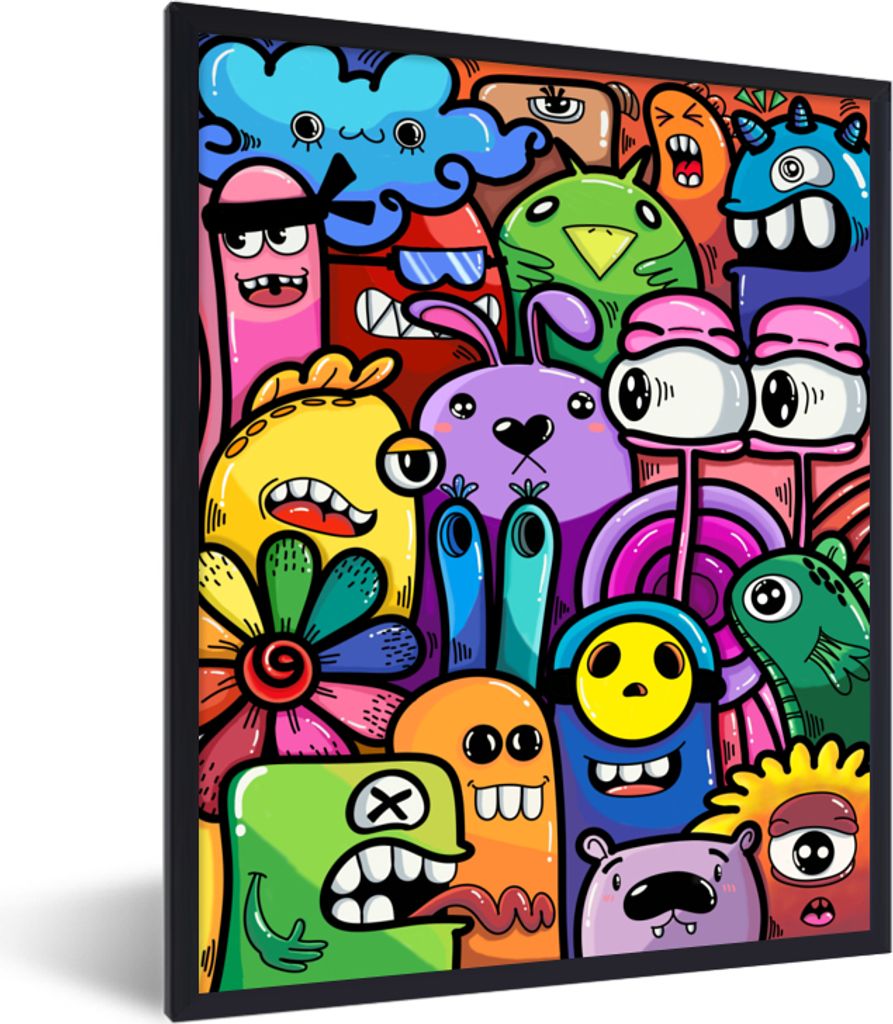 MuchoWow Gerahmtes Poster Monster - Blumen - Regenbogen - Design - Lustig - Kinder 30x40 cm - Poster mit Schwarzem Bilderrahmen Wandposter Rahmen...