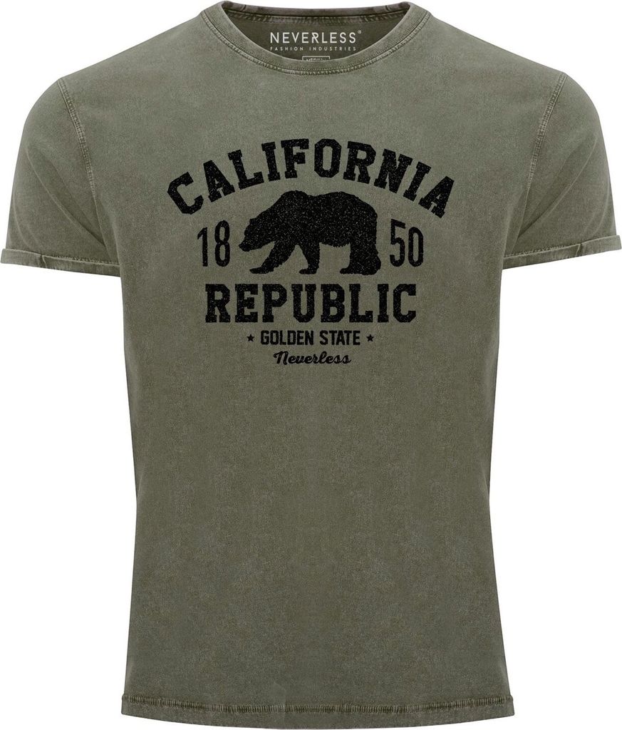 Neverless Herren T-Shirt Vintage Shirt Printshirt California Republic Kalifornien Golden State Grizzly Bär Bear Logo Used Look Slim Fit grün-sc...