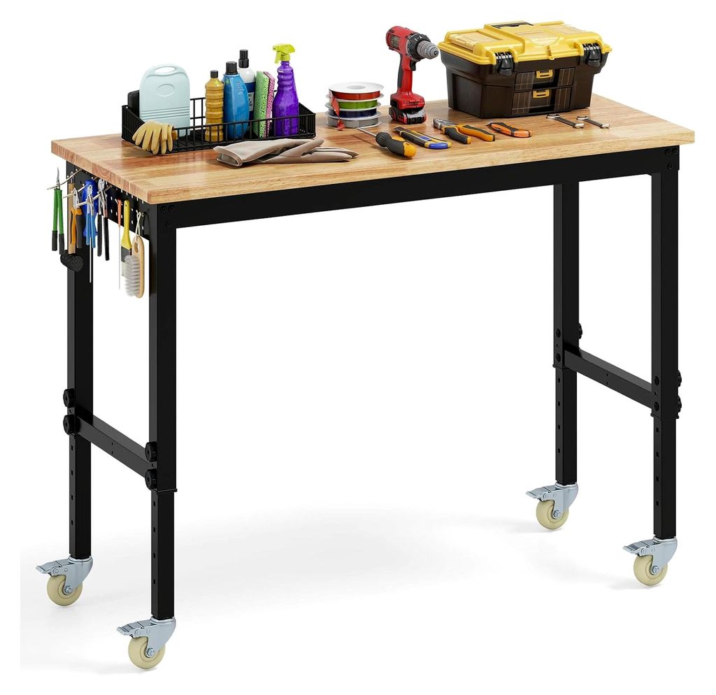 Höhenverstellbare Werkbank, 122 x 51 x 74-104 cm, Schwerlast-Werkbank mit Gummiholzplatte, 2 Lochplatten, max. Belastung 1100 kg, Arbeitstisch fü...