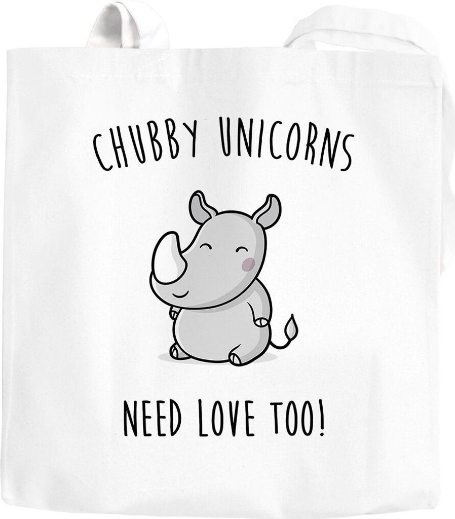 Jutebeutel chubby Unicorns need love too Nashorn Einhorn Spruch Baumwolltasche Stoffbeutel Tragetasche Moonworks weiß 2 lange Henkel