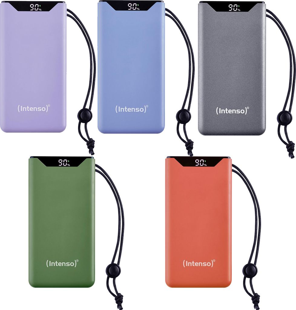 A collage of five different colored power banks, each with a digital display showing '90:' and the brand name 'Intenso' printed on them.