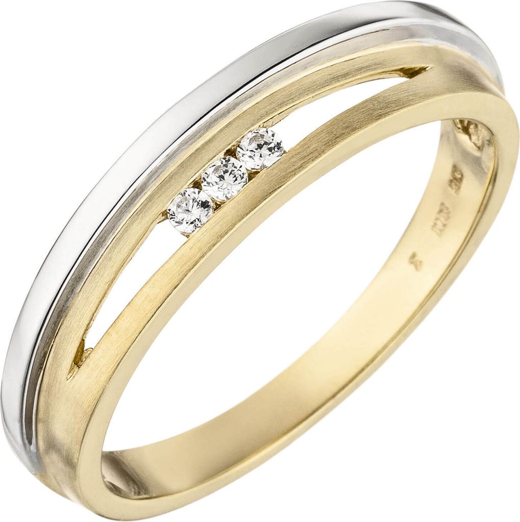 Ring Damenring mit weißen Zirkonia, 3-reihig 375 Gold Gelbgold Weißgold mattiert Innenumfang 58mm Ø18.5mm