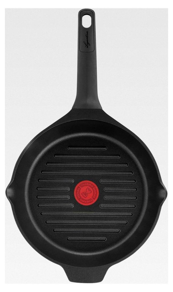 Antihaft-Grillpfanne rund aus druckgegossenem Aluminium Ø 26 cm, geeignet für Induktion, Gas und Backofen mit Thermo-Signal und Titanium-Beschich...