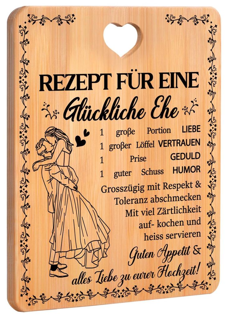 Hochzeitsgeschenke für das Brautpaar, Hochzeitsgeschenk – Bambus-Schneidebrett, Hochzeitsgeschenk „Rezept für eine glückliche Ehe“