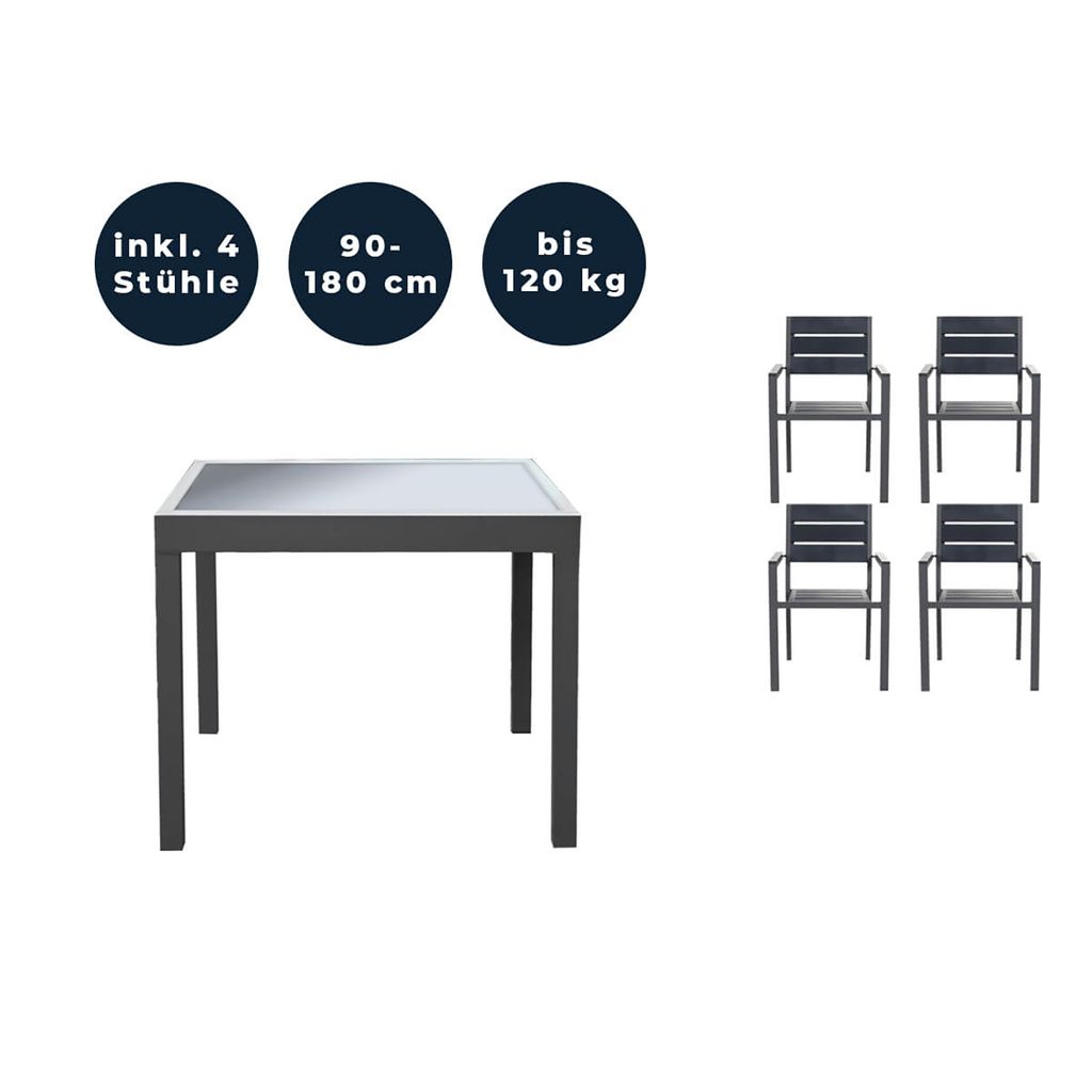 HOME DELUXE - Gartentisch ausziehbar - VERANO - ca. 90 (180) x 90 x 75 cm - inkl. 4 Stühlen, Gestell Aluminium, Tischplatte Glas,inkl. Zubehör I ...