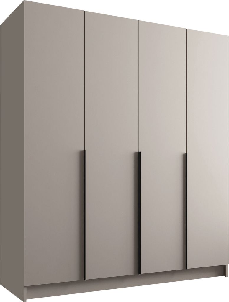 A minimalist wardrobe with four doors and black handles.
