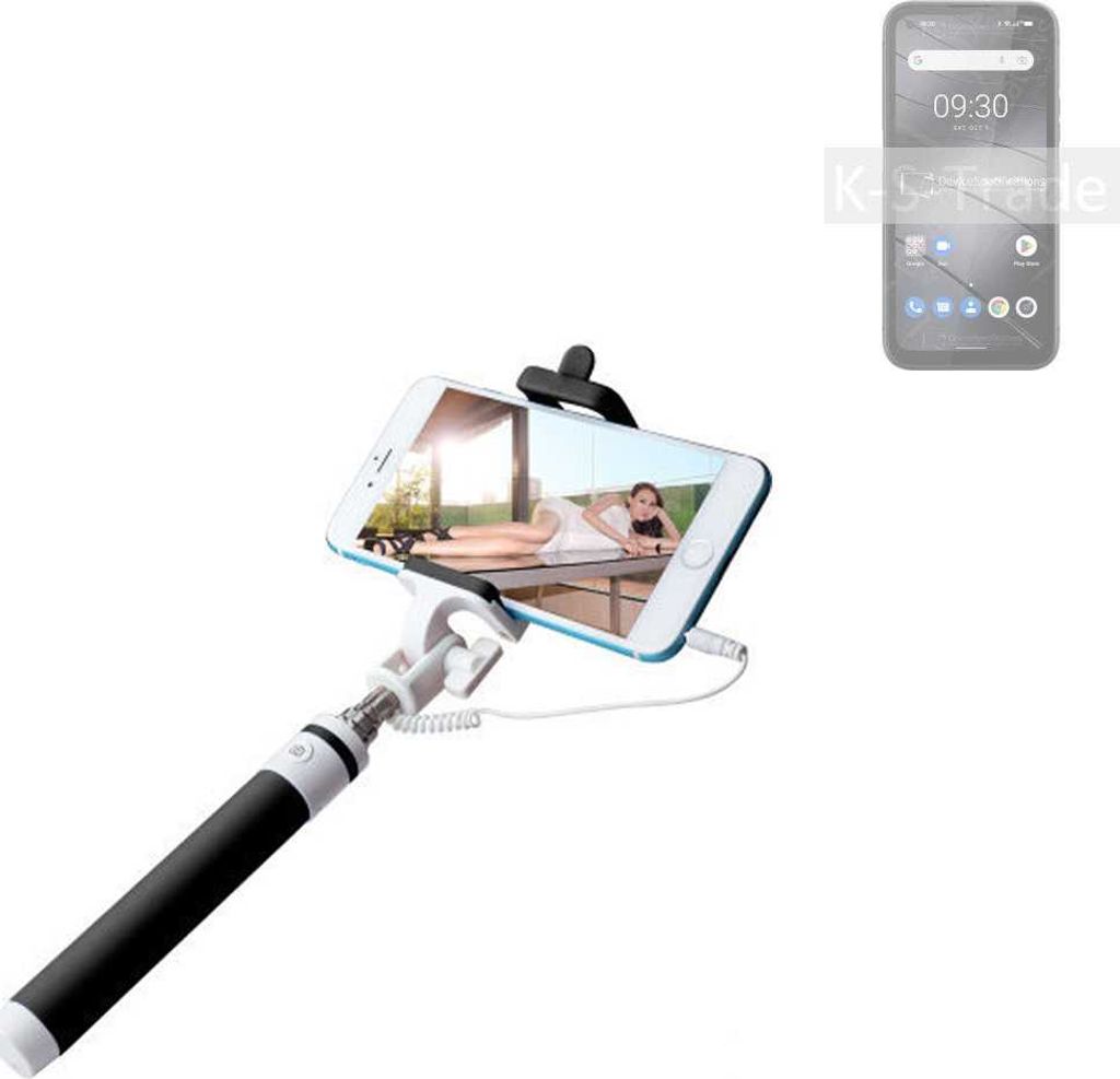 K-S-Trade Selfie Stick kompatibel mit Gigaset GX6 Selfiestick kabelgebunden Monopod mit Kabel Stab Stange Selfportrait Handheldstick schwarz 1x