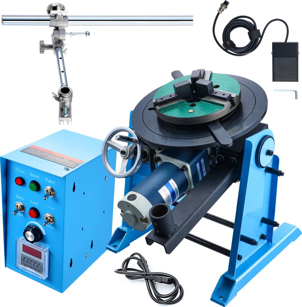 A welding positioner with a control box, foot pedal, and torch holder, set against a white background.