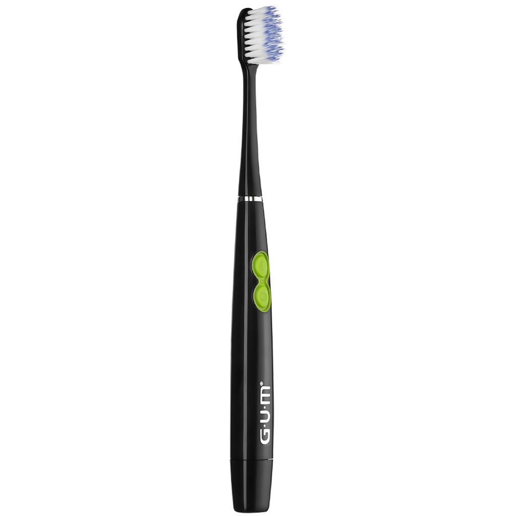 A black electric toothbrush with green buttons and blue and white bristles is shown against a white background.