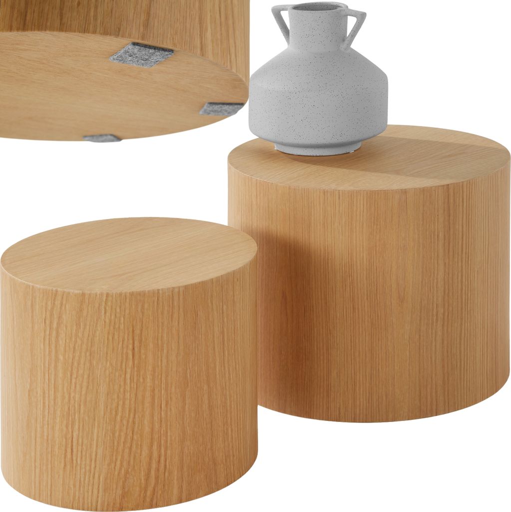 Two round wooden side tables and a light gray vase with handles, presented on a white background.