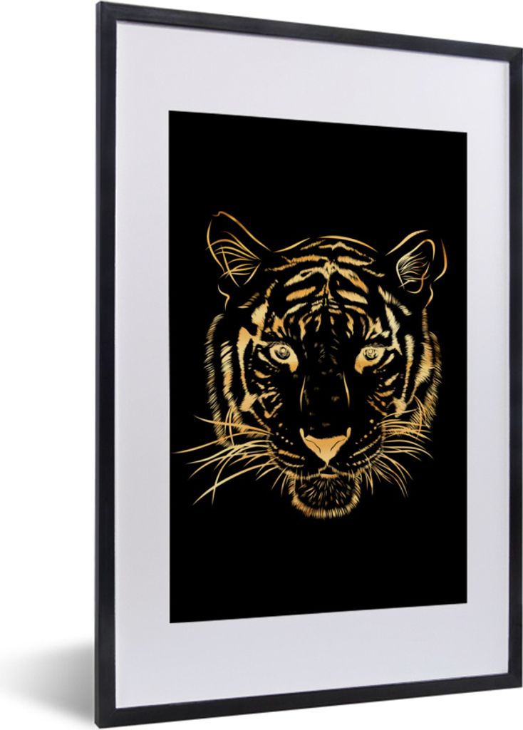 MuchoWow MuchoWow Gerahmtes Poster Tiger - Gold - Figur 40x60 cm - Poster mit zchwarzem Bilderrahmen - Poster in Rahmen