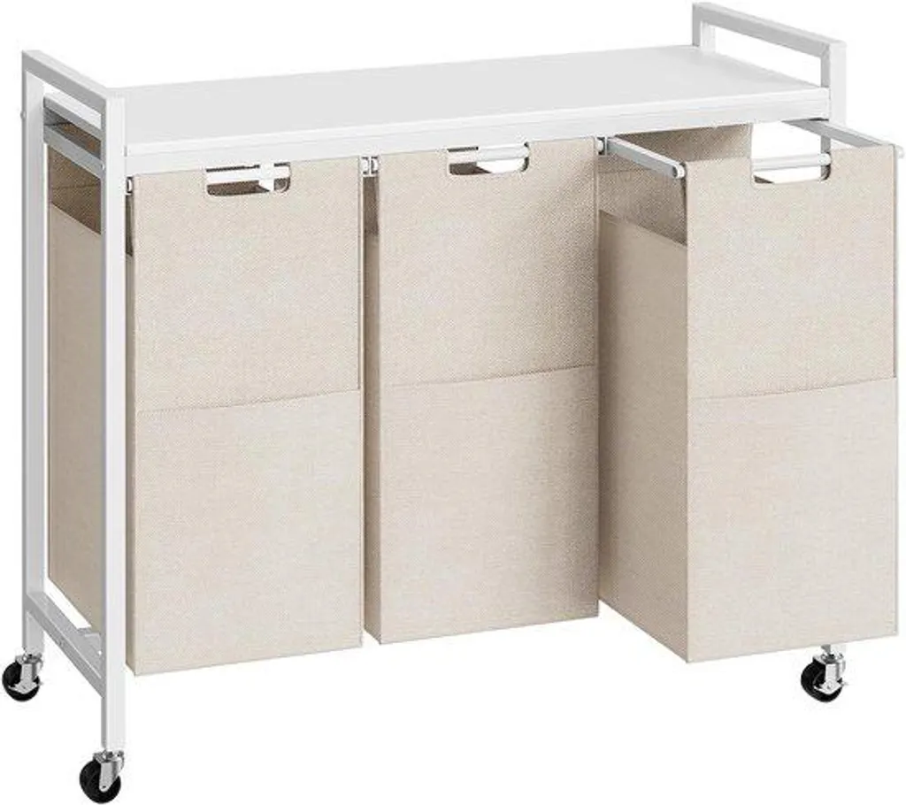 Chariot à linge blanc 3 paniers 120L avec tablette bois, Oxford robuste