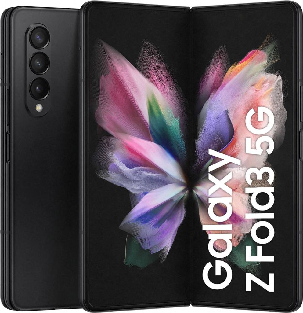 A black Samsung Galaxy Z Fold3 5G smartphone is shown unfolded, displaying a colorful abstract image on its screen. The phone is positioned diagonally, with the back of the phone visible on the left and the unfolded screen on the right.