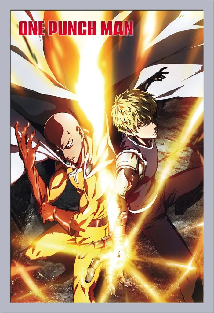 One Punch Man - Poster - Saitama & Genos + cornice rimovibile, Shinsuke® Maxi MDF argento, disco acrilico