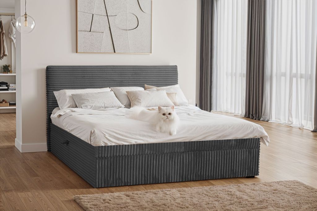 Kaiser Möbel Boxspringbett mit bettkasten und topper TRENTO, ohne Bein stoff Plüsch Cord 180x200 cm Graphit H2-Pocket