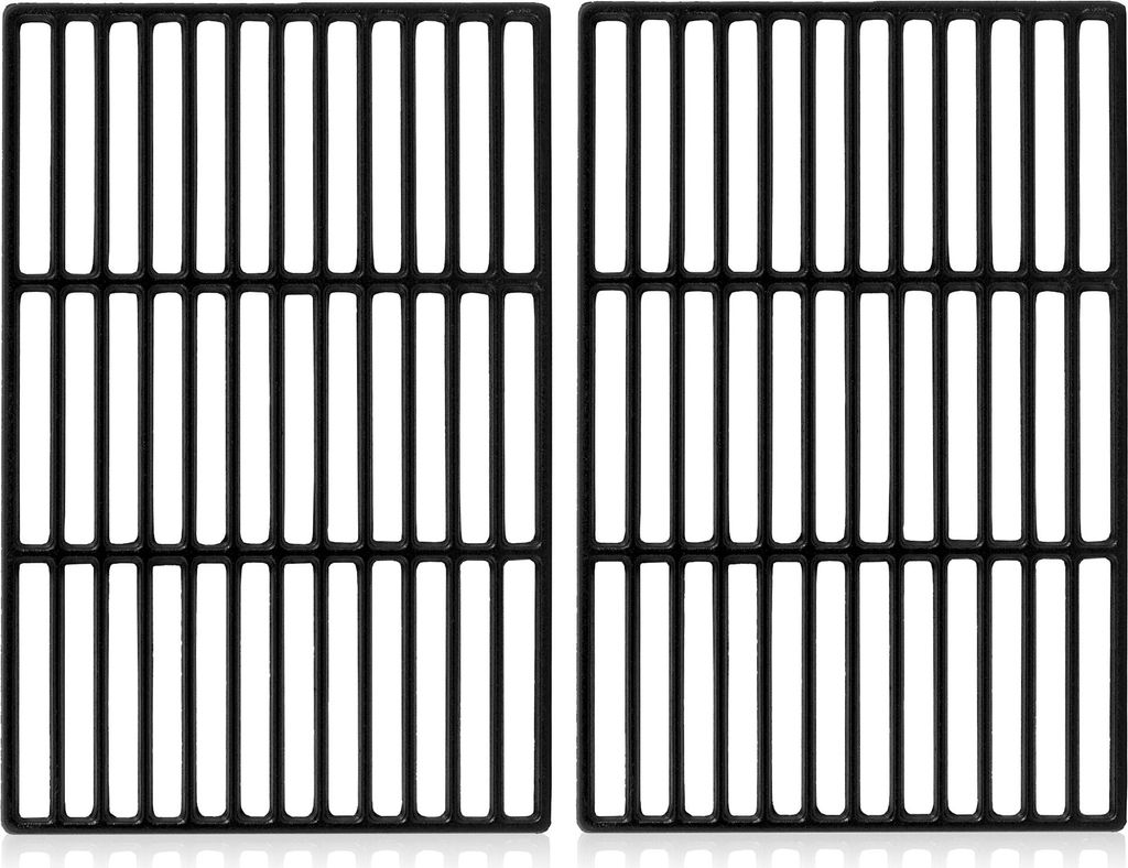 Two black cast iron grill grates are shown side-by-side on a white background.