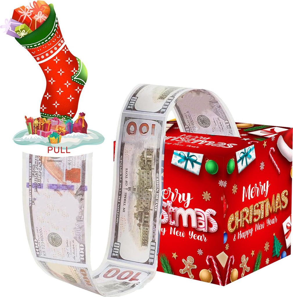 Weihnachtsgeldbox zum Herausziehen, DIY-Weihnachtsgeschenkbox mit transparenten Beuteln, Weihnachtsgeldhalter zum Herausziehen für Kinder und Erwa...