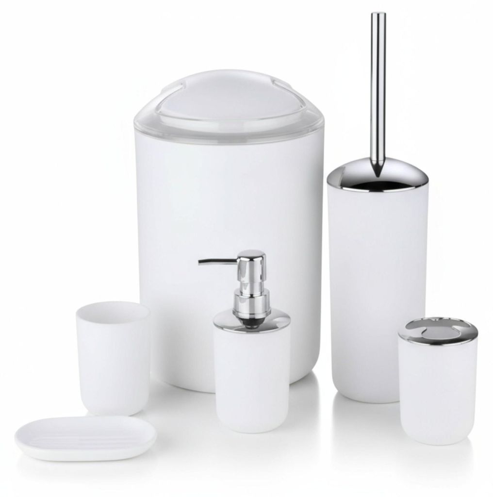 6-TLG Badset Badezimmer Zubehör Set Organizer: (Weiß Design Produktbild 