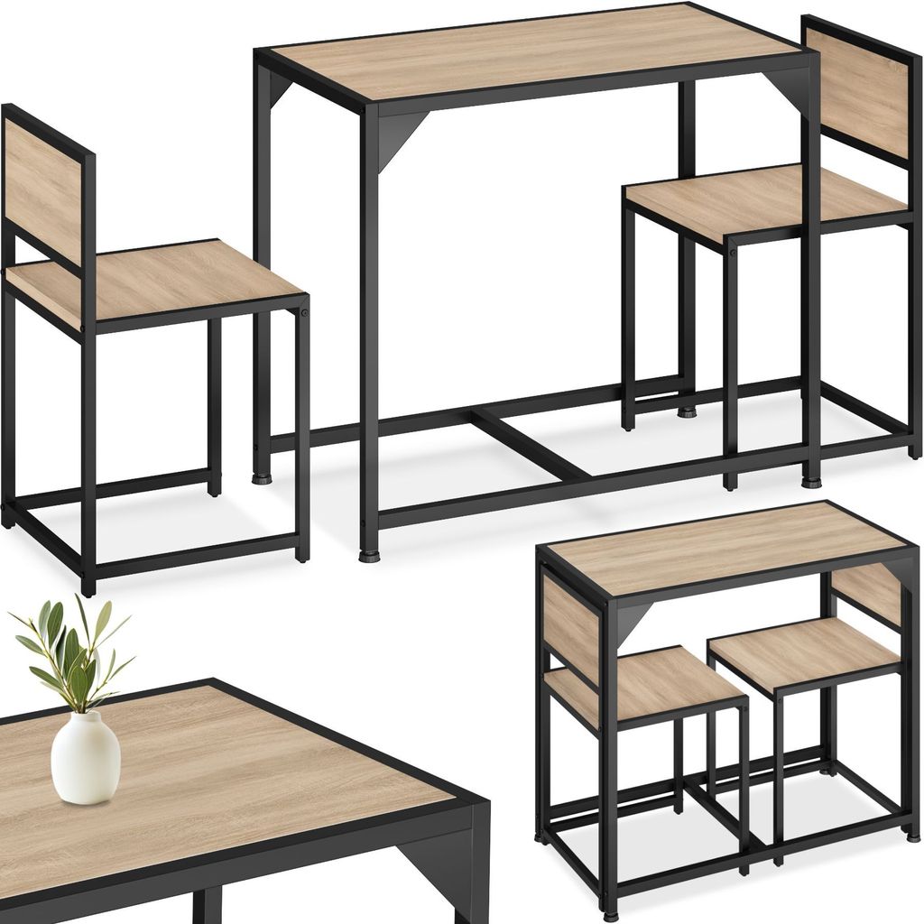A collage of images showing a dining set with a table and chairs in an industrial style.