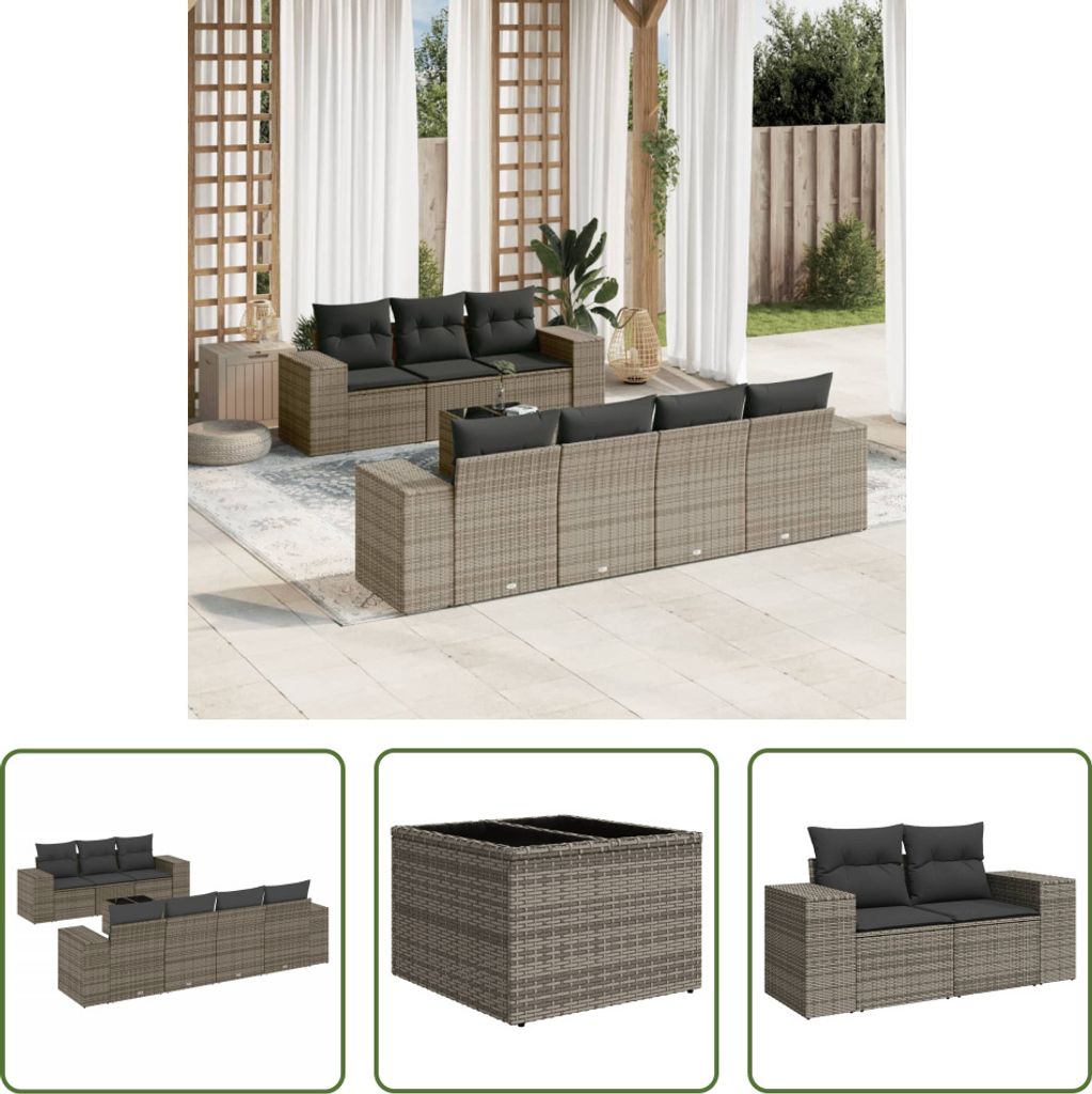 The Living Store 8-tlg. Garten-Sofagarnitur mit Kissen Grau Poly Rattan