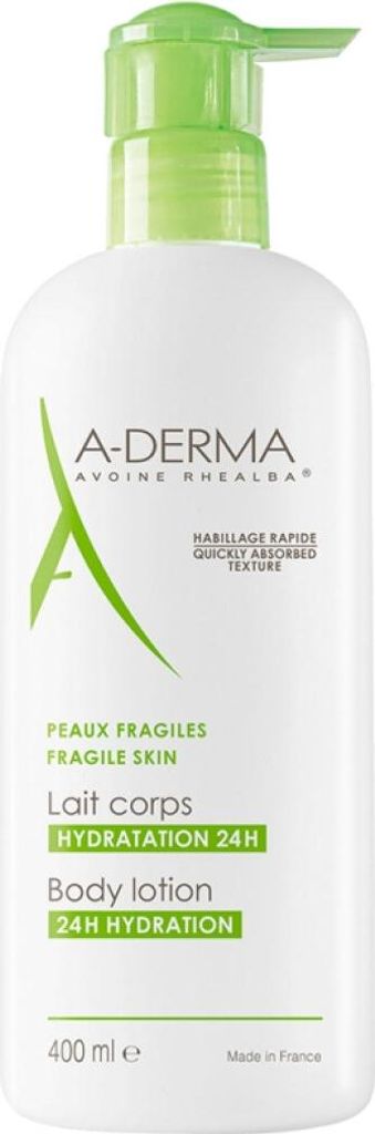 A white bottle of A-Derma body lotion with a green pump dispenser.