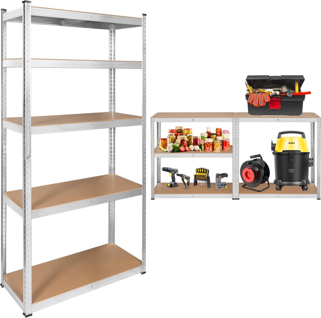 A product image showing two shelving units and various items on them.