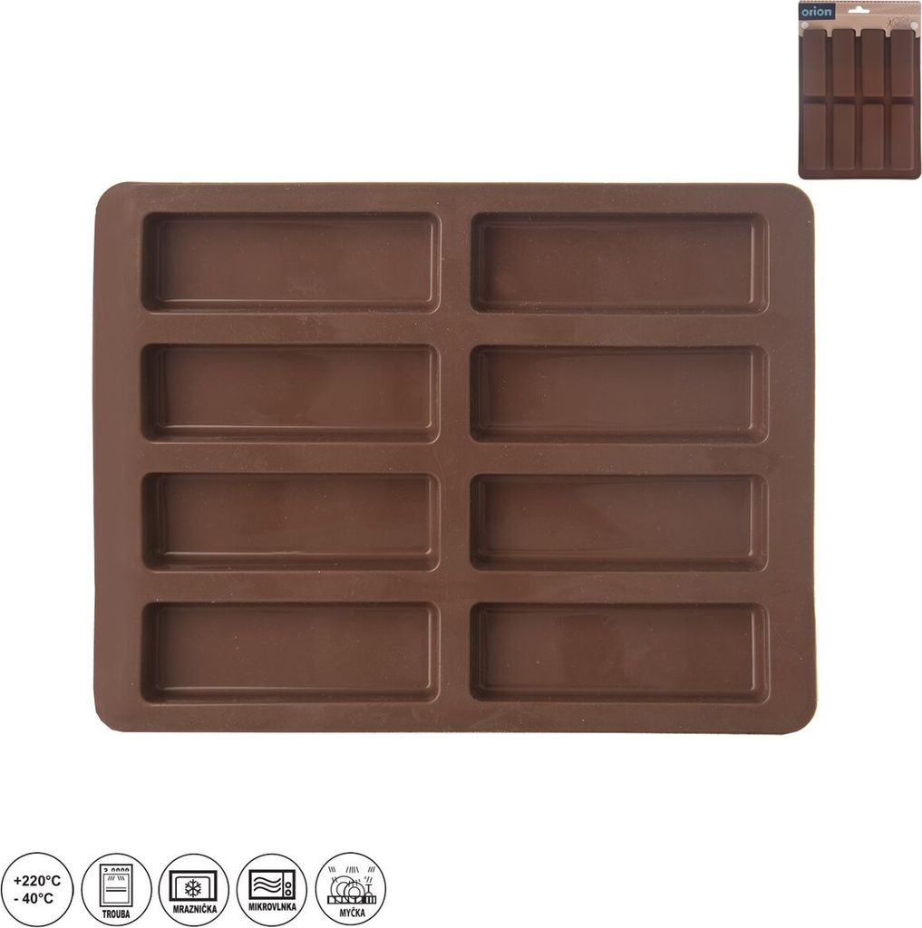 A brown silicone mold for making 8 rectangular bars, likely for chocolate or muesli bars, shown on a white background. A small packaging image is visible in the top right corner.