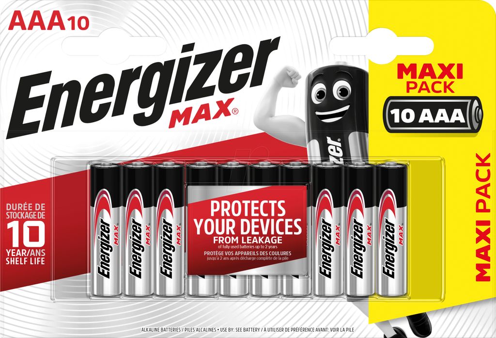 A blister pack of Energizer Max AAA batteries.