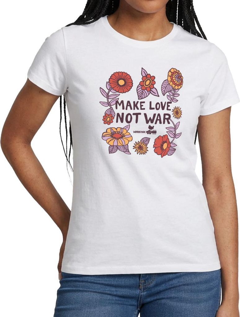 Spreadshirt Woodstock Make Love Not War Mit Blumen Rahmen Frauen T-Shirt, S, Weiß