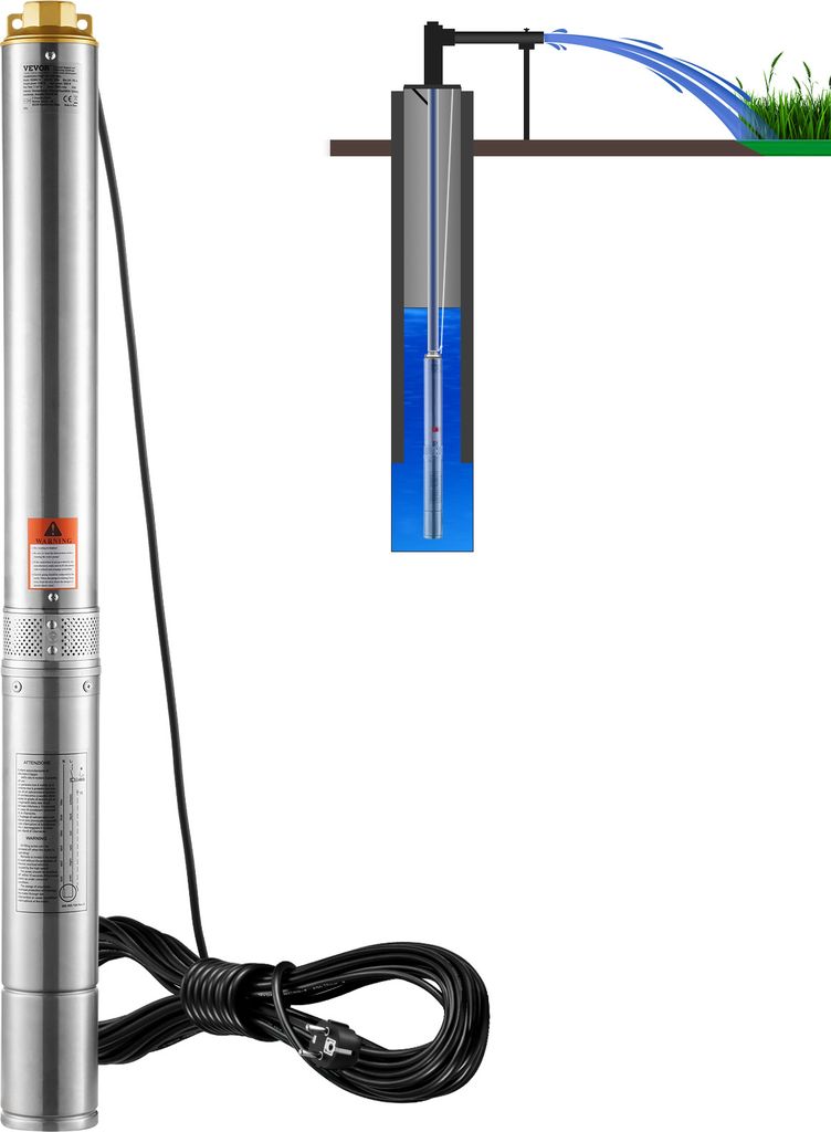 VEVOR Tiefbrunnen-Tauchpumpe, 1100 W, 230 V, 50 Hz, 7,1 m³/h max. Durchfluss, 105 m max. Förderhöhe mit 19,4 m Stromkabel, Edelstahl-Wasserpumpe...